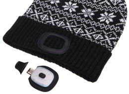 Bonnet avec lampe frontale 180 lm, rechargeable, USB, taille unique, coton/PE, noir (hiver)