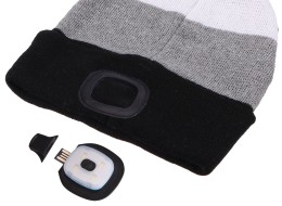 Bonnet avec lampe frontale 180 lm, rechargeable, USB, taille unique, coton/PE, noir/gris/blanc
