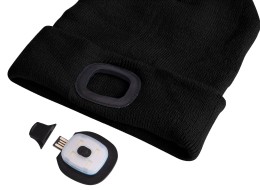 Bonnet avec lampe frontale 180 lm, rechargeable, USB, taille unique, coton/PE, noir avec pompon