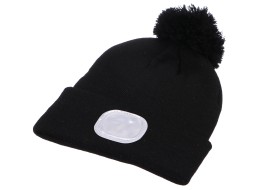 Bonnet avec lampe frontale 180 lm, rechargeable, USB, taille unique, coton/PE, noir avec pompon