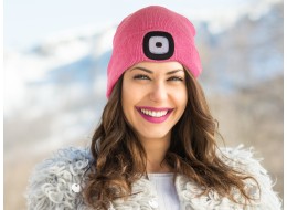 Bonnet avec lampe frontale 180 lm, rechargeable, USB, taille unique, coton/PE, rose