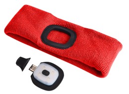 Bandeau avec lampe frontale 180 lm, rechargeable, USB, taille universelle, coton/PE, rouge