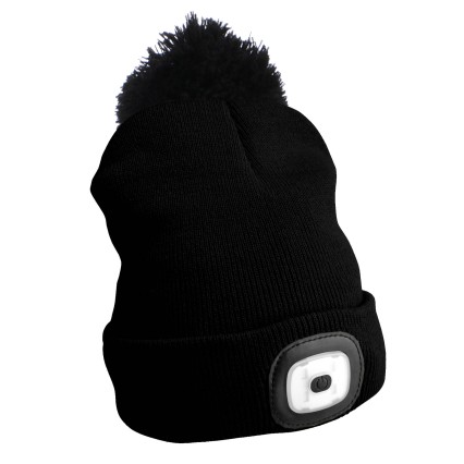Bonnet avec lampe frontale 180 lm, rechargeable, USB, taille unique, coton/PE, noir avec pompon