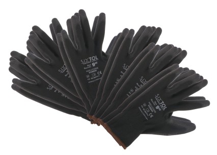 Gants de travail en polyester partiellement enduits de PU GLOVE PE-PU 9, noirs, taille 9, 6 paires