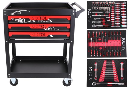 Chariot d'atelier avec outils MECHANIC TROLLEY JASON 115, 3 tiroirs, 1 étagère, 115 pièces d'outilla