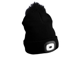 Bonnet avec lampe frontale 180 lm, rechargeable, USB, taille unique, coton/PE, noir avec pompon
