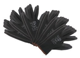 Gants de travail en polyester partiellement enduits de PU GLOVE PE-PU 9, noirs, taille 9, 6 paires